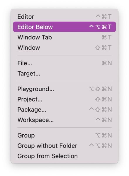 macOS Xcode menu with Editor Below highlighted