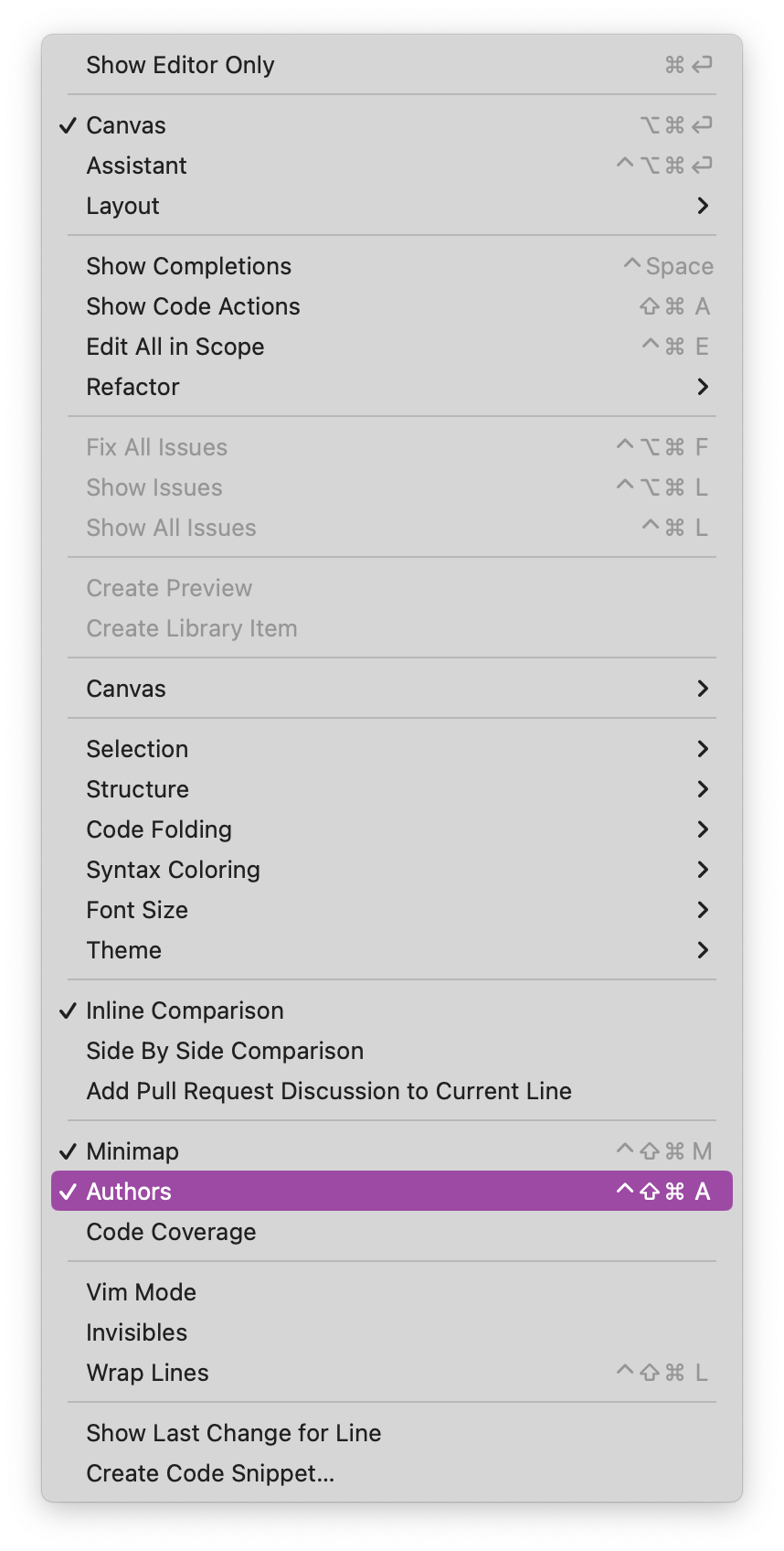 Xcode Editor Menu showing the Authors menu item and shortcut.